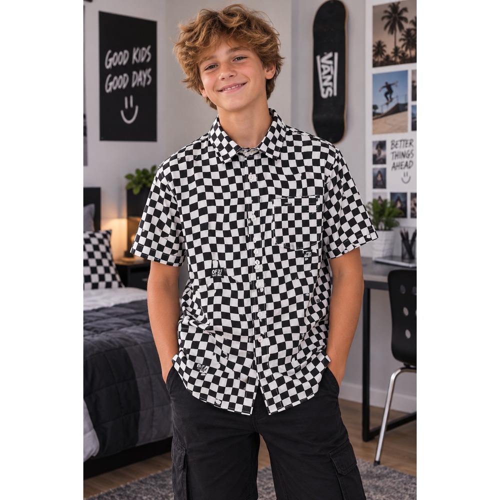 Vans Boys Short Sleeve Button Down Shirt Warped Checkerboard Cotton Black XL